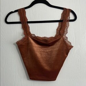 Chic Lace-Trimmed Velvet Cropped Copper Tank Top